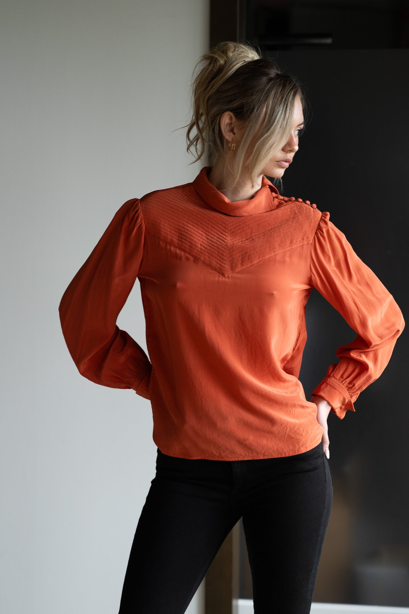 Vintage 80s Silk Blouse Shoulder Button Detail