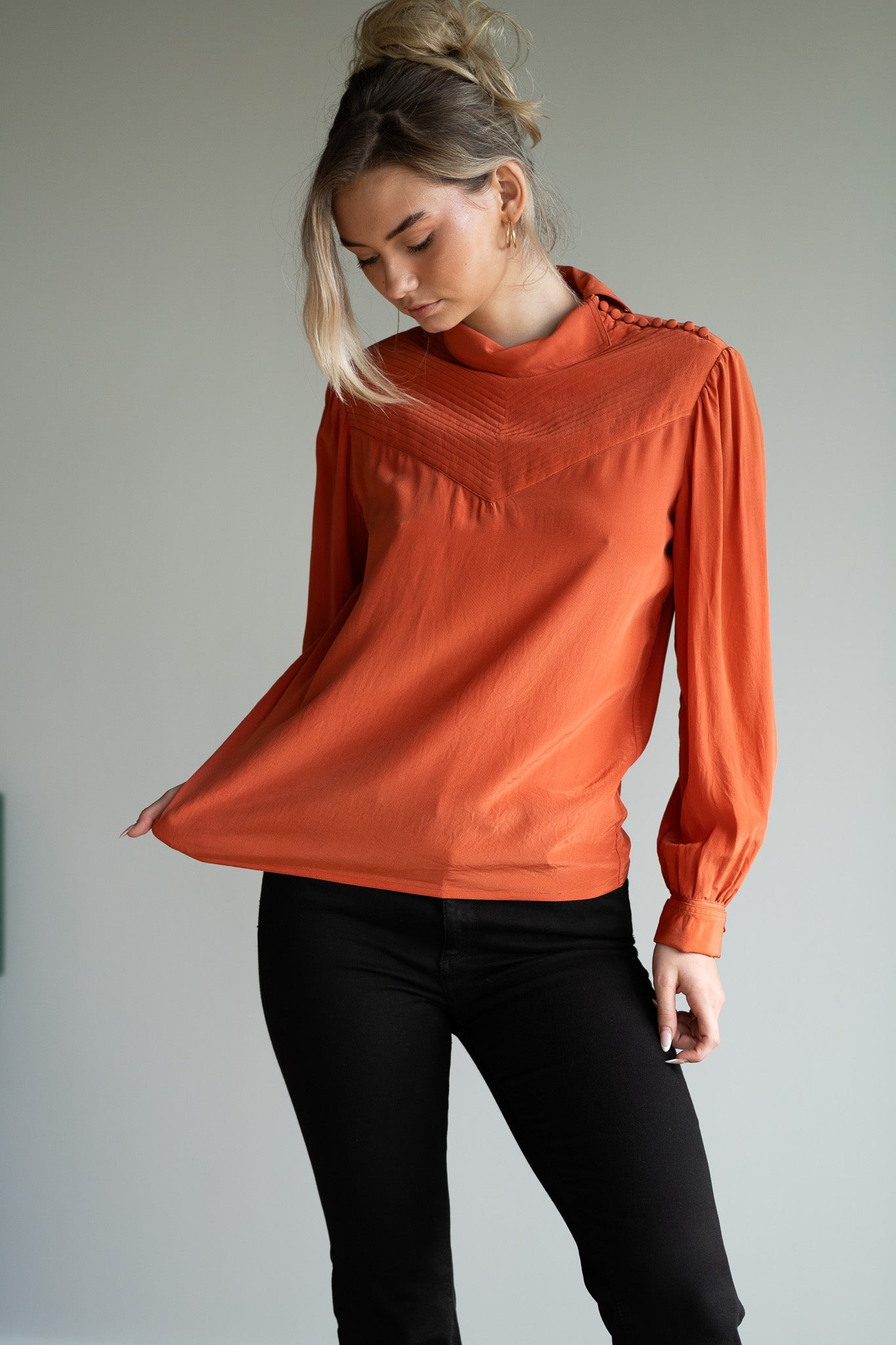 Vintage 80s Silk Blouse Shoulder Button Detail