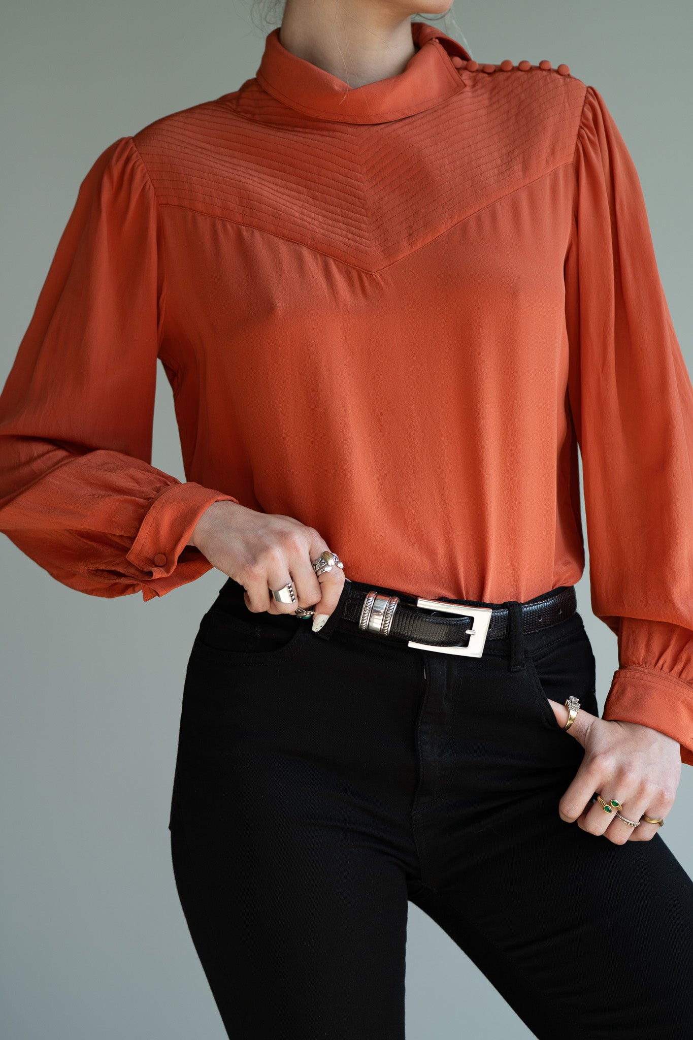 Vintage 80s Silk Blouse Shoulder Button Detail