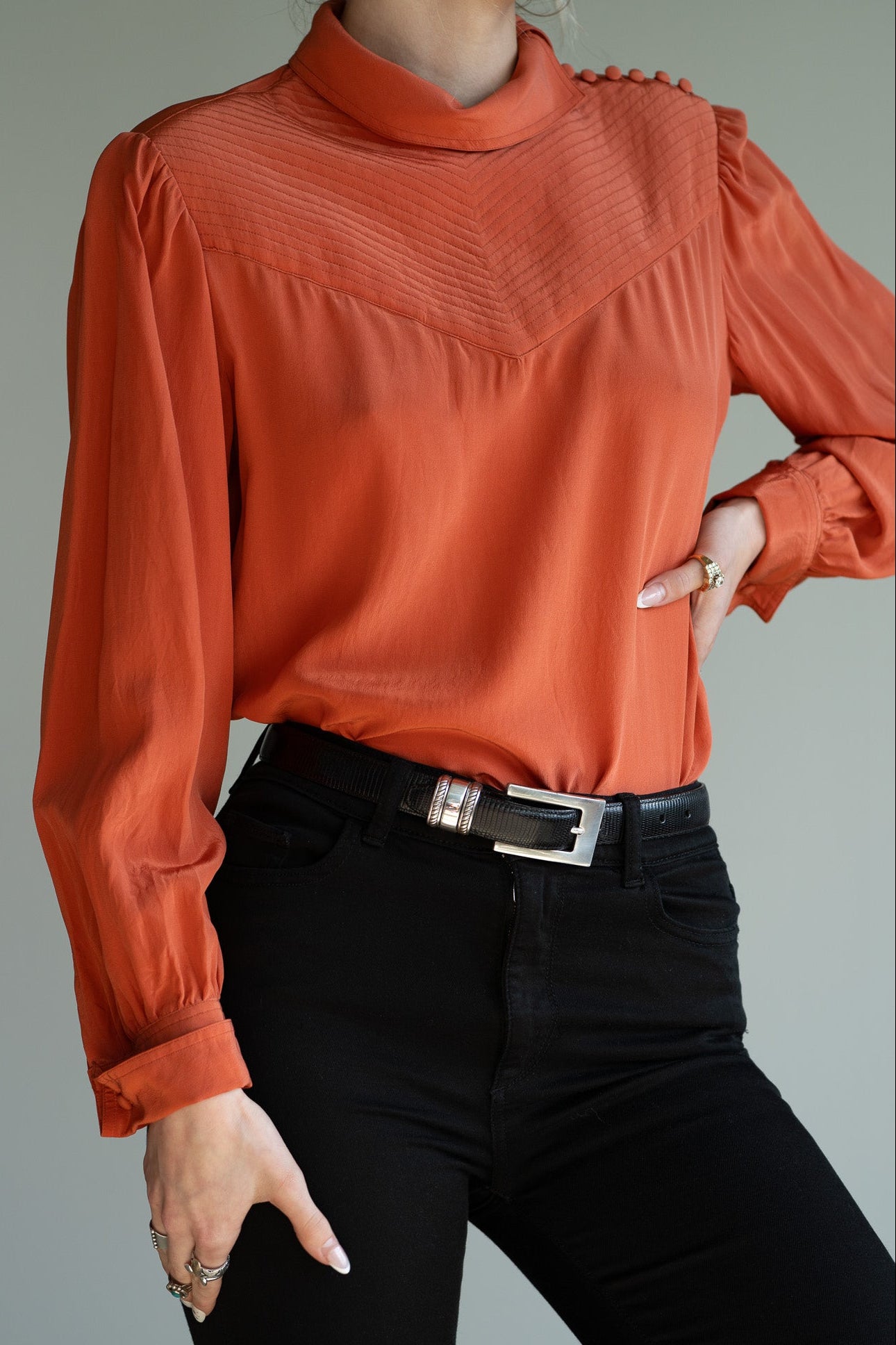 Vintage 80s Silk Blouse Shoulder Button Detail