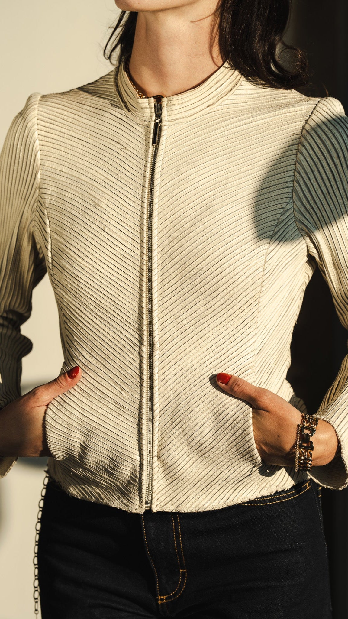 Vintage Y2K Chevron Bone Leather Jacket