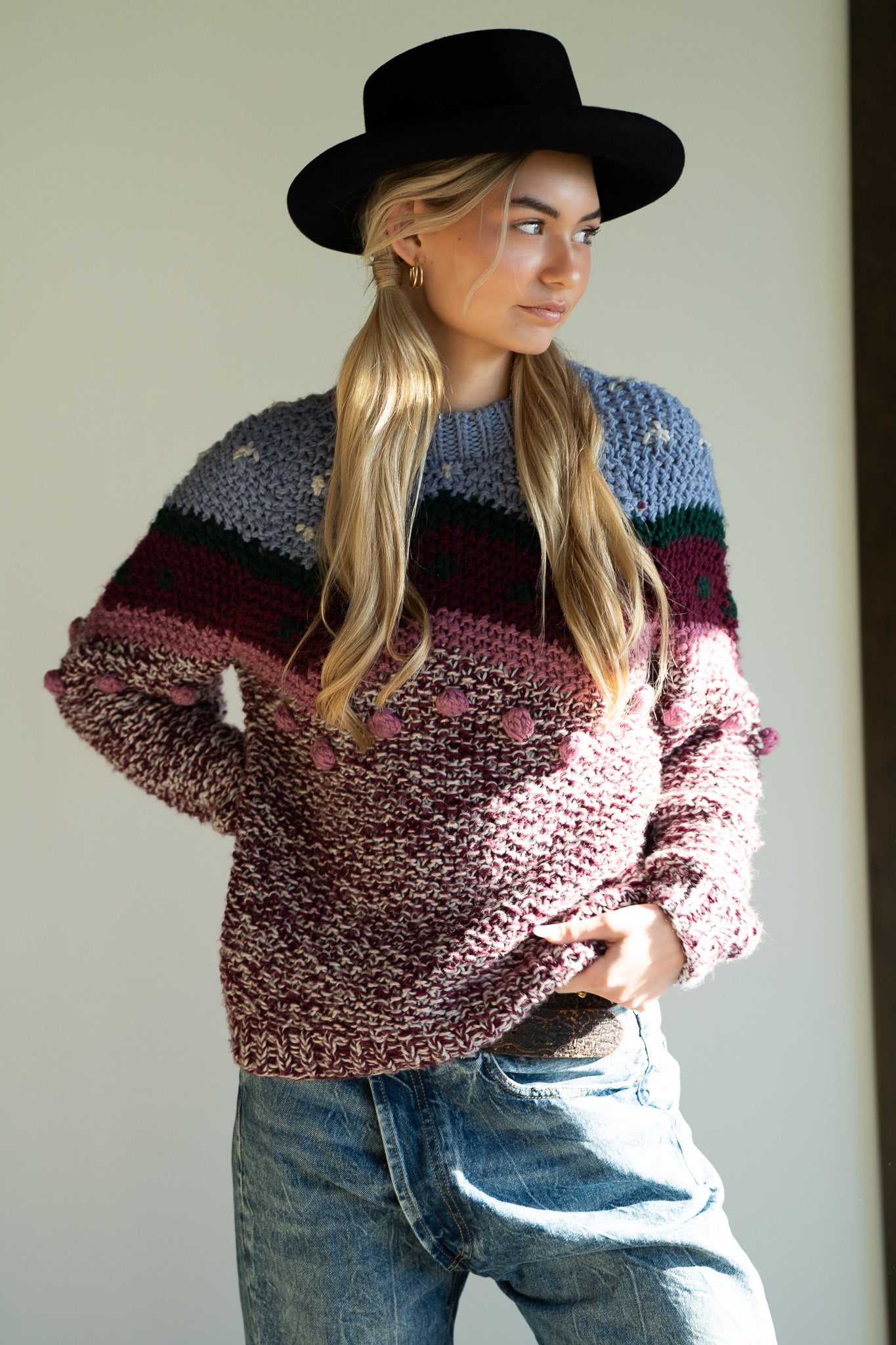 Vintage 70s Hand-Knit Multi-Tone Chunky Sweater