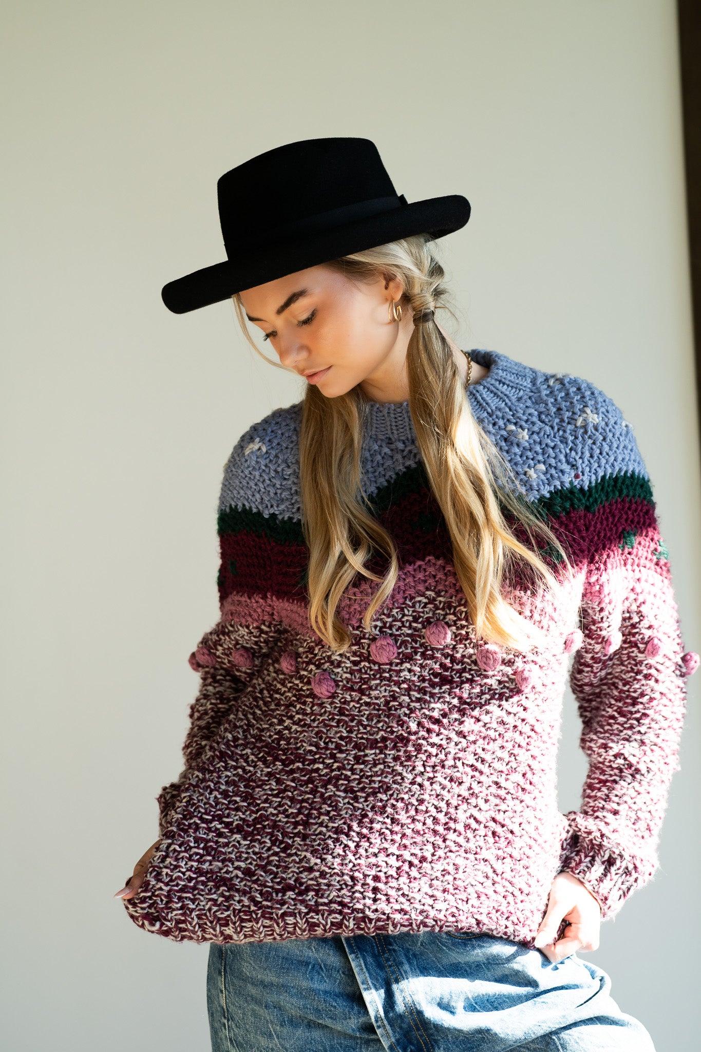 Vintage 70s Hand-Knit Multi-Tone Chunky Sweater