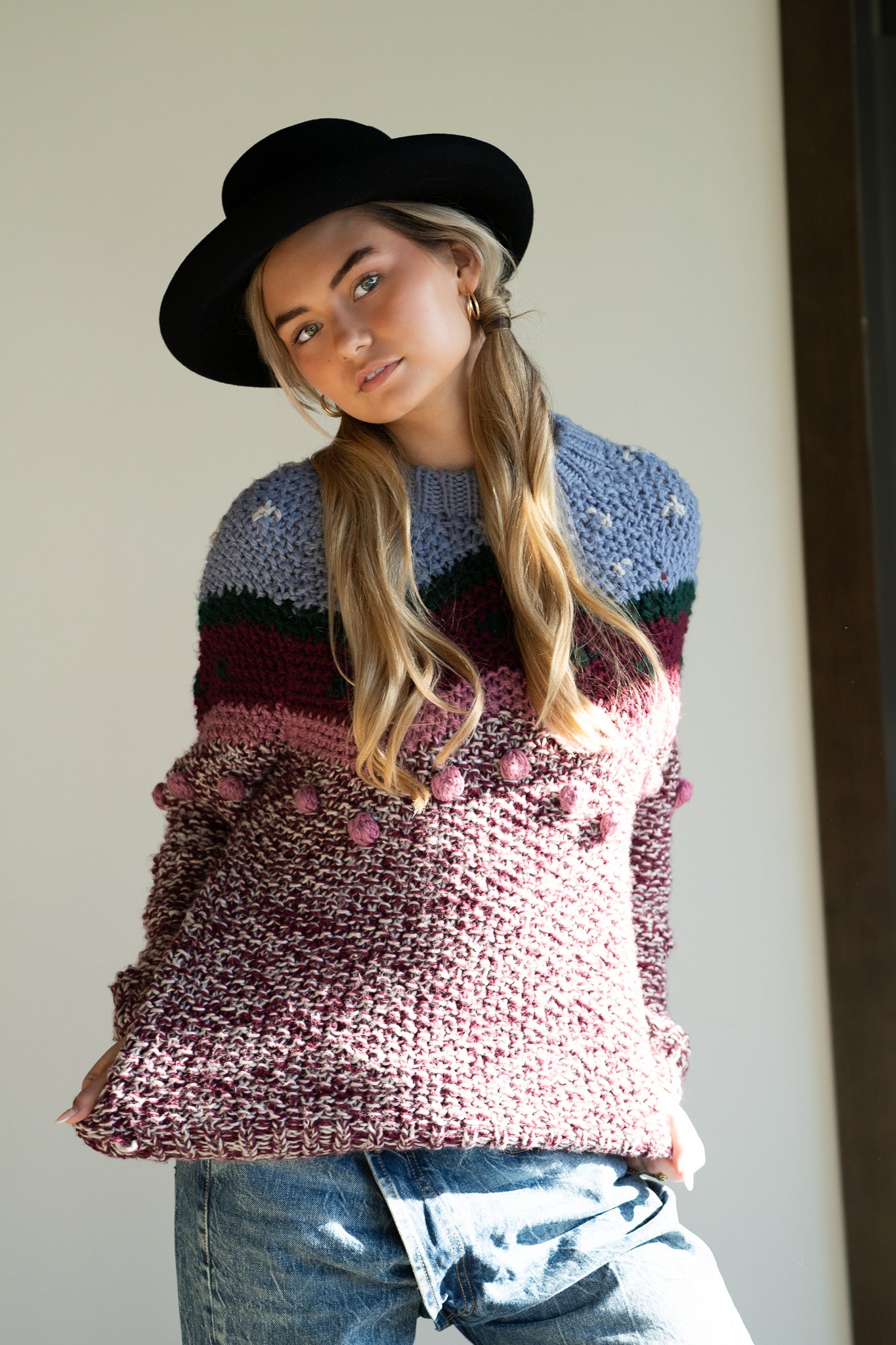 Vintage 70s Hand-Knit Multi-Tone Chunky Sweater