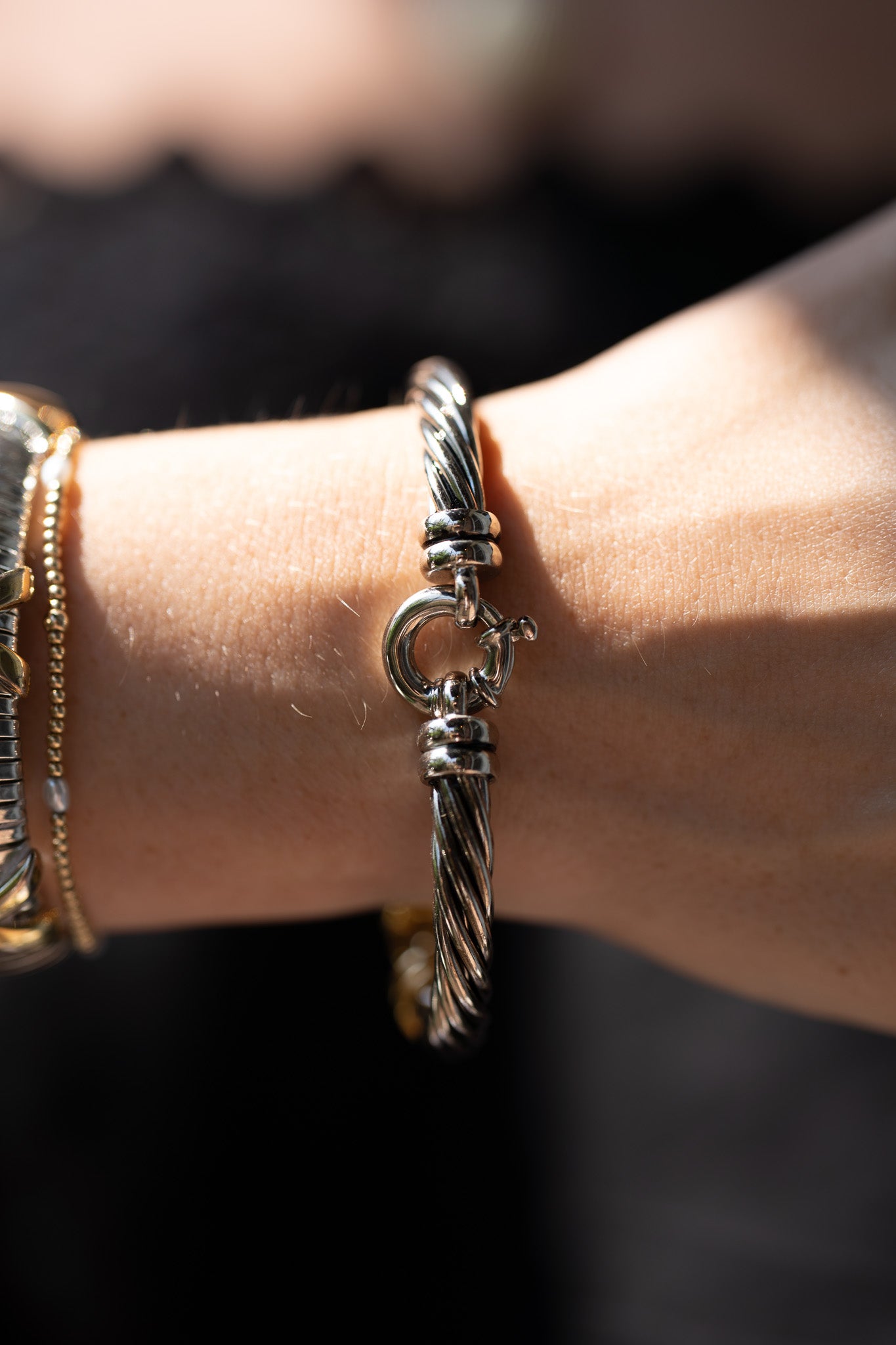 Two Tone Twisted Clasp Cuff Bangle Set