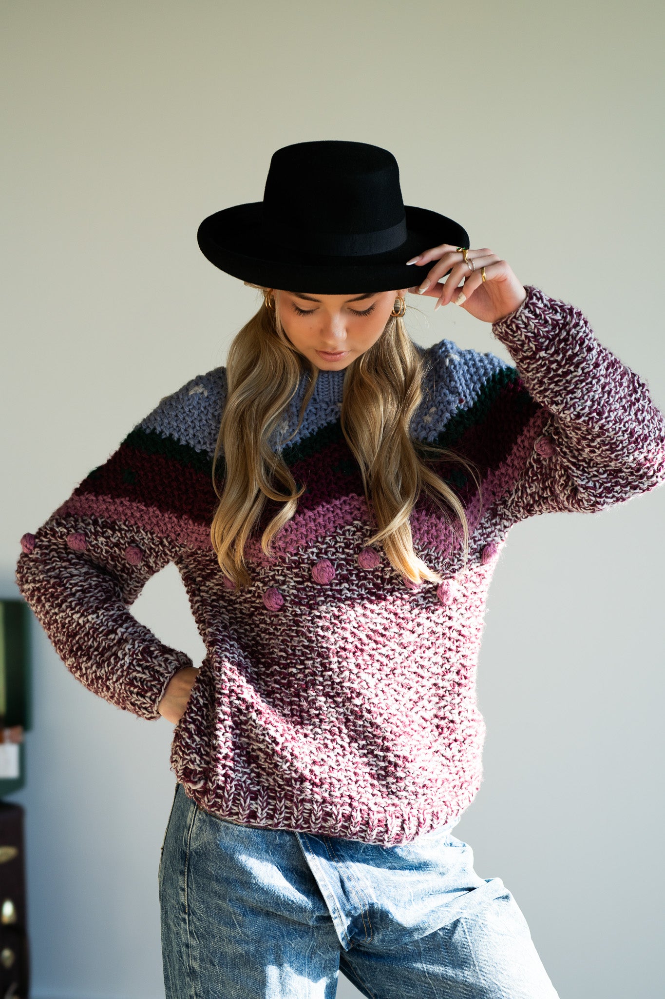 Vintage 70s Hand-Knit Multi-Tone Chunky Sweater