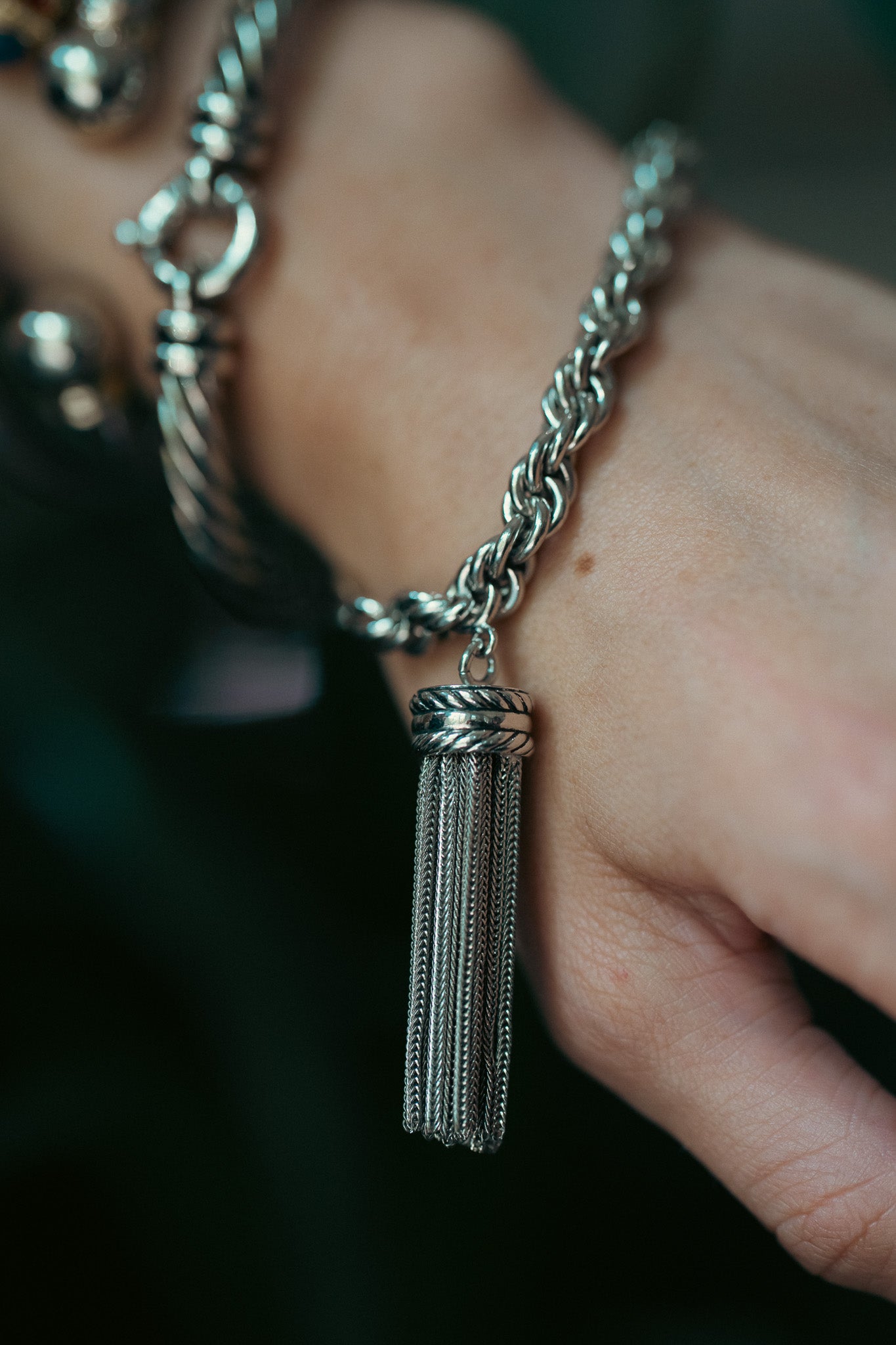 Vintage Silver Rope Chain Tassel Bracelet
