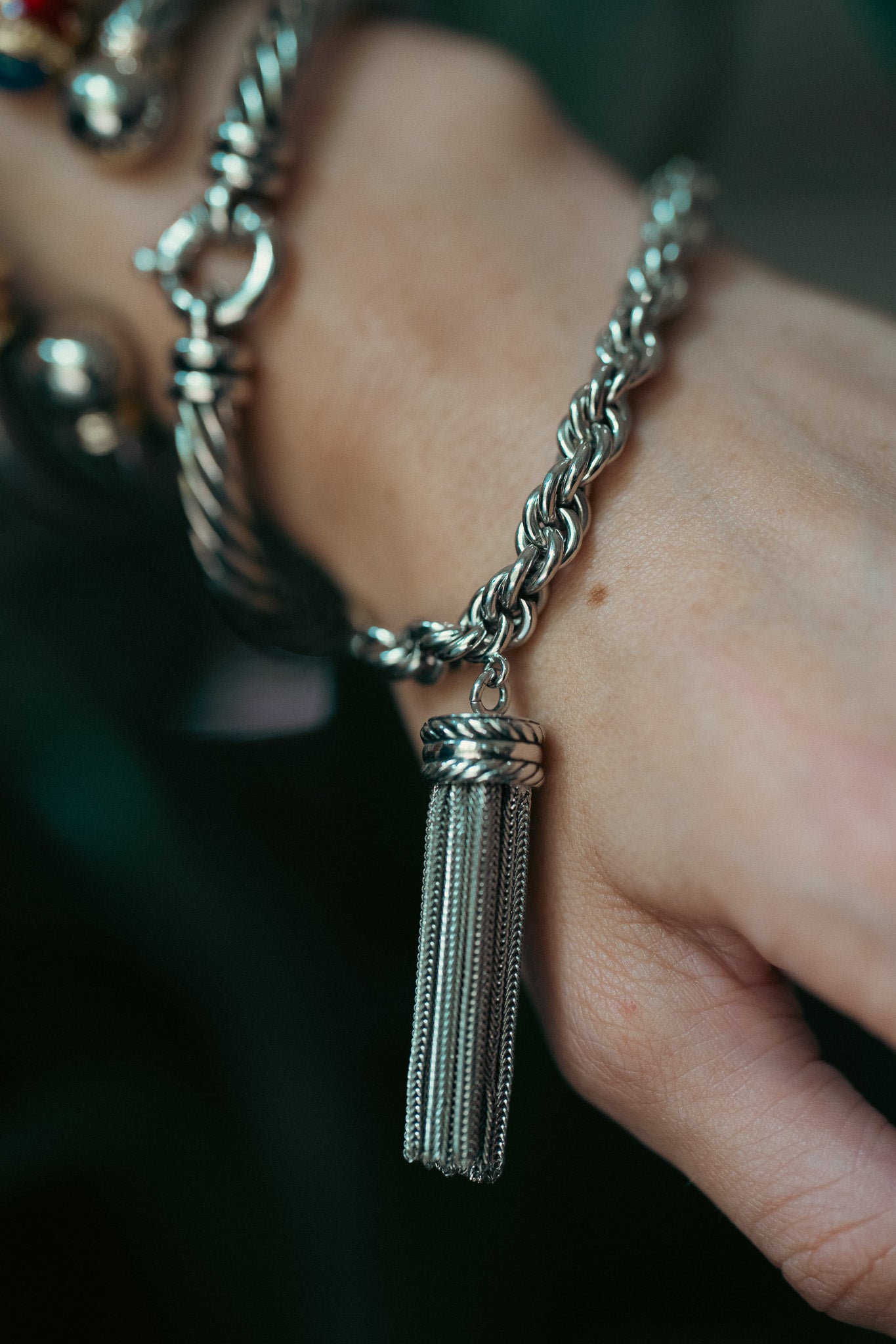 Vintage Silver Rope Chain Tassel Bracelet