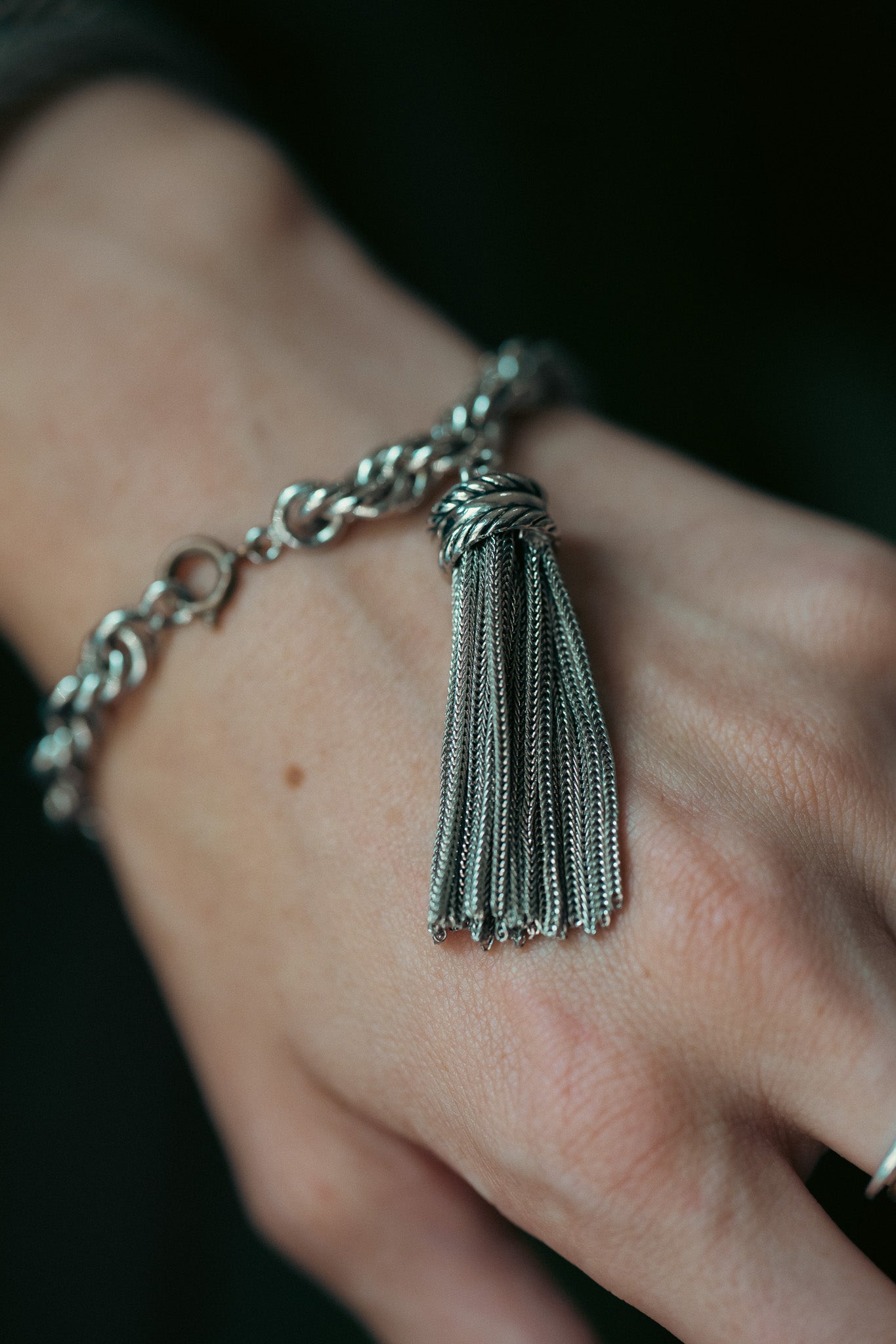 Vintage Silver Rope Chain Tassel Bracelet