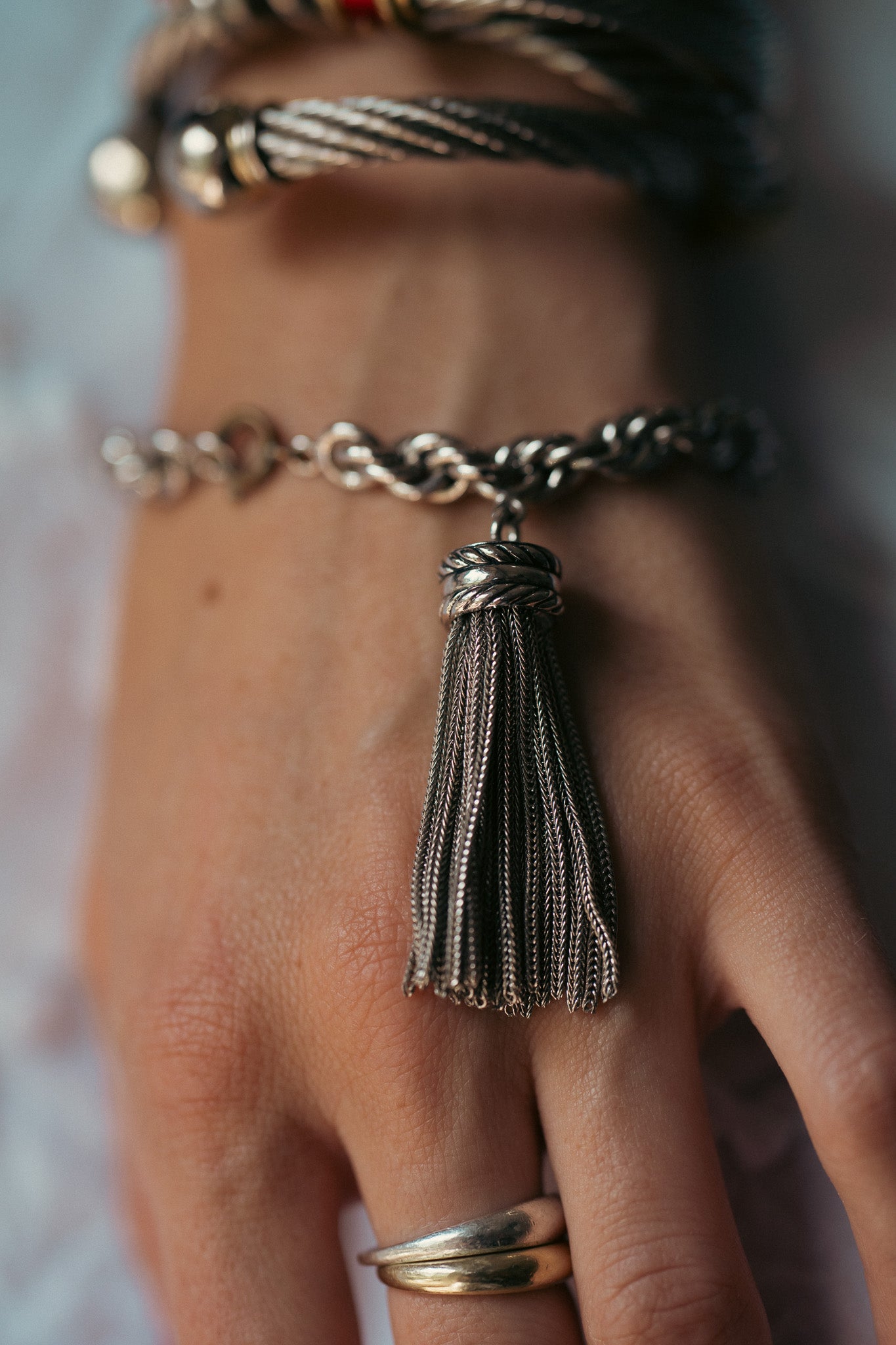 Vintage Silver Rope Chain Tassel Bracelet