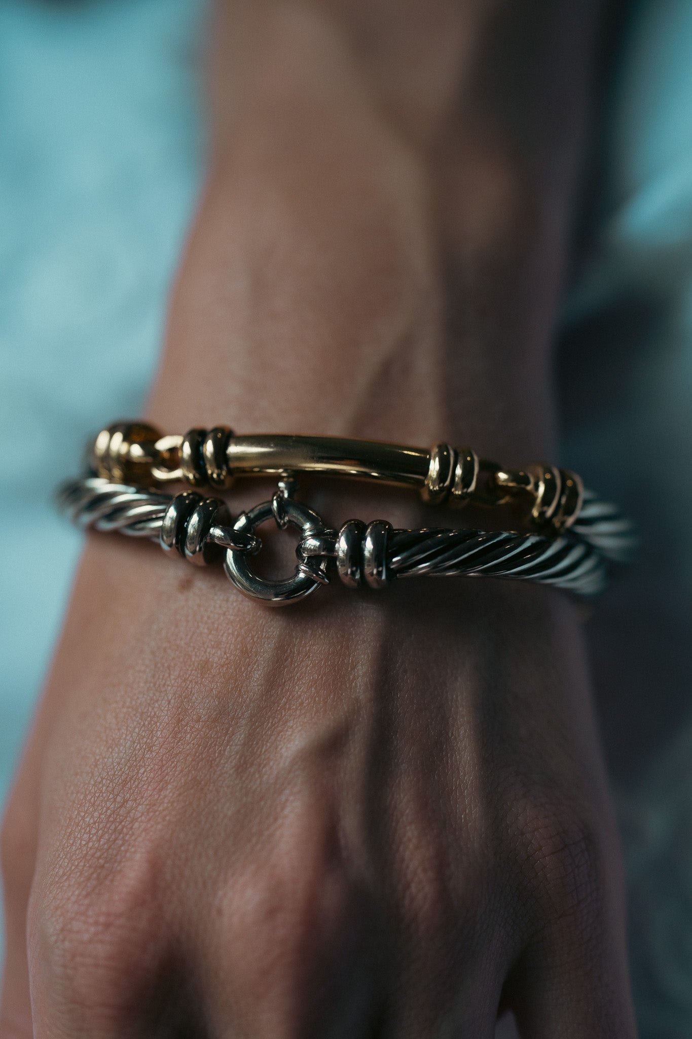 Two Tone Twisted Clasp Cuff Bangle Set