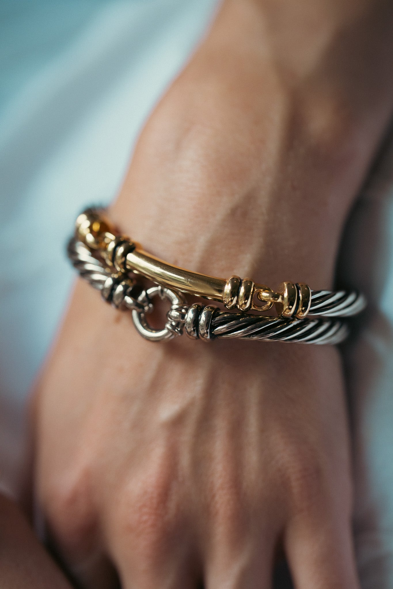 Two Tone Twisted Clasp Cuff Bangle Set