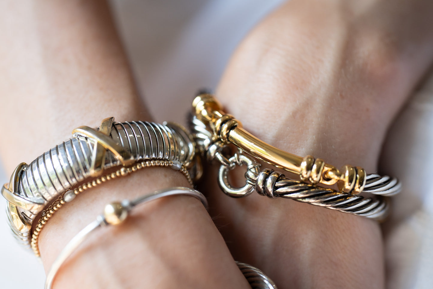 Two Tone Twisted Clasp Cuff Bangle Set