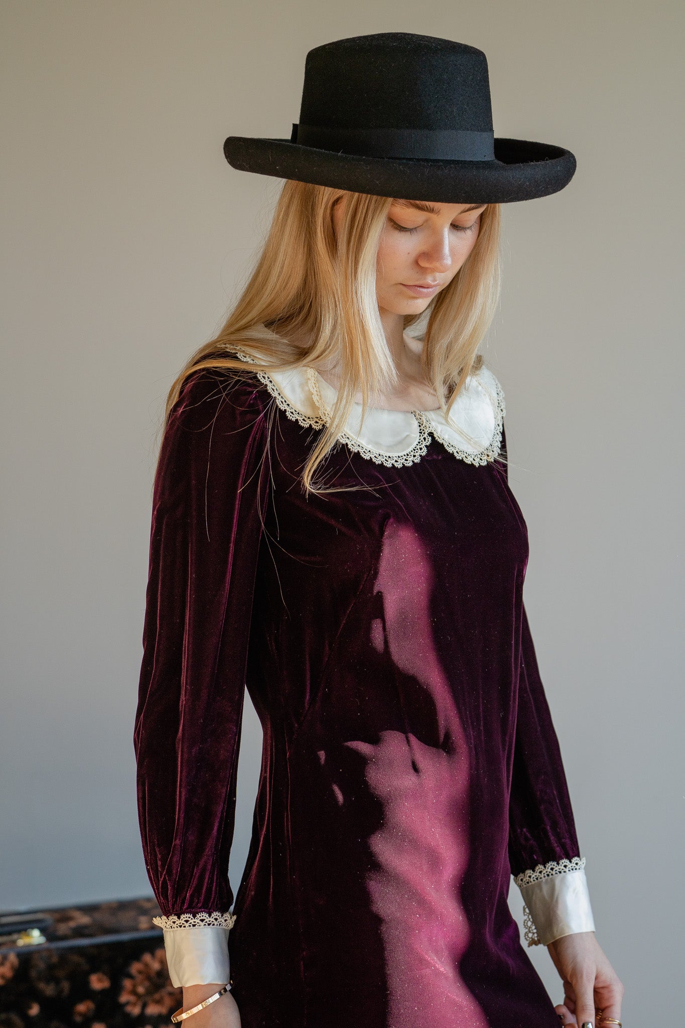 Vintage 60s Gothic Velvet Mini Dress w/ Peter Pan Collar