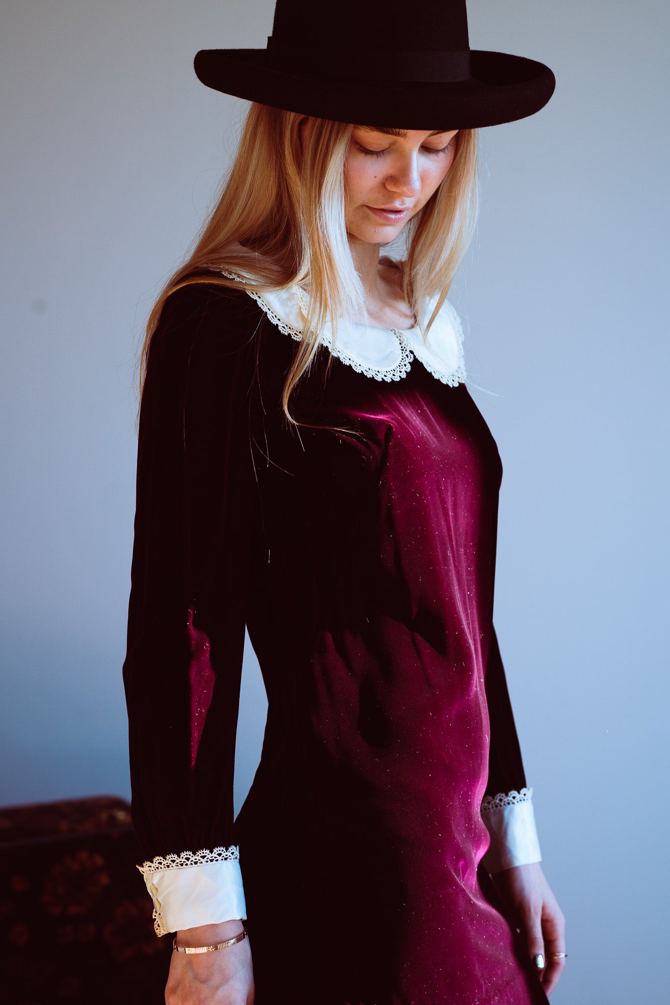 Vintage 60s Gothic Velvet Mini Dress w/ Peter Pan Collar