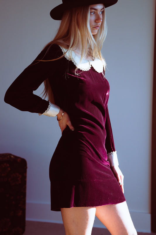 Vintage 60s Gothic Velvet Mini Dress w/ Peter Pan Collar