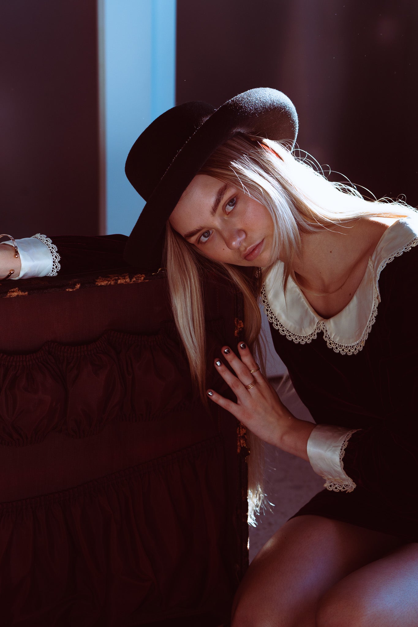 Vintage 60s Gothic Velvet Mini Dress w/ Peter Pan Collar