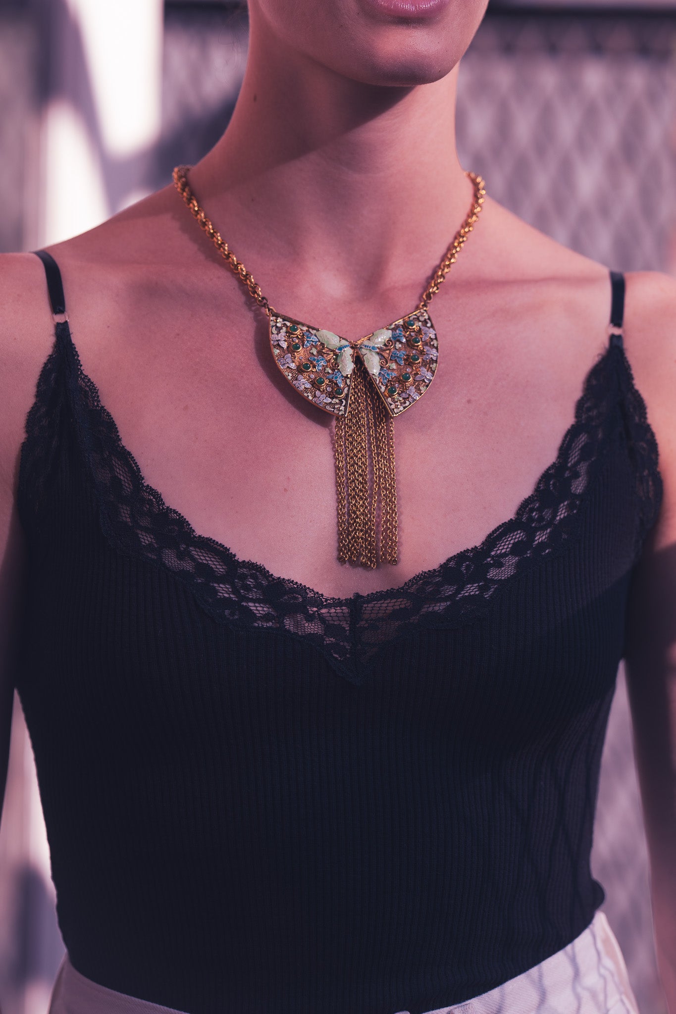 Vintage Butterfly Enamel Necklace w/ Fringe