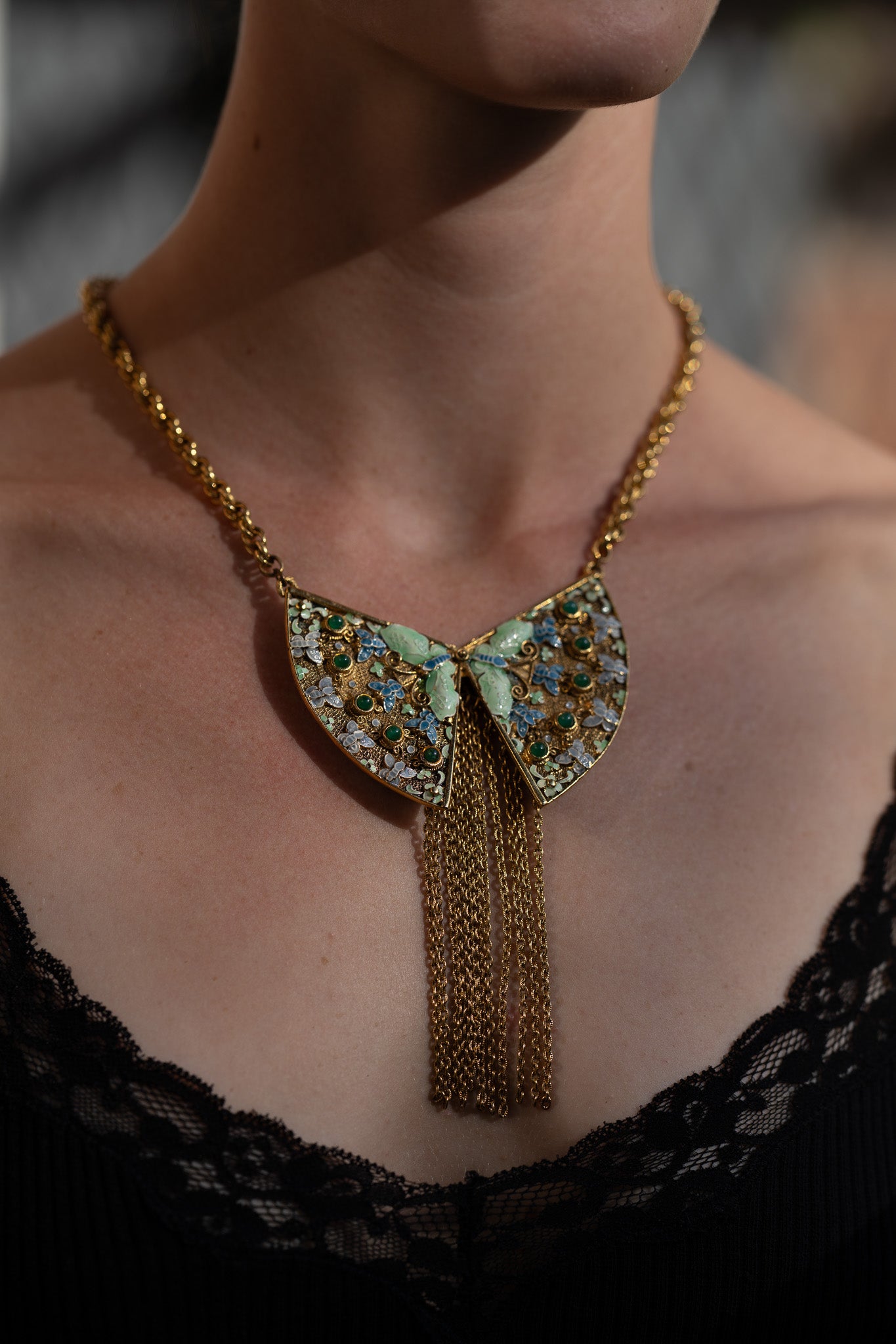 Vintage Butterfly Enamel Necklace w/ Fringe