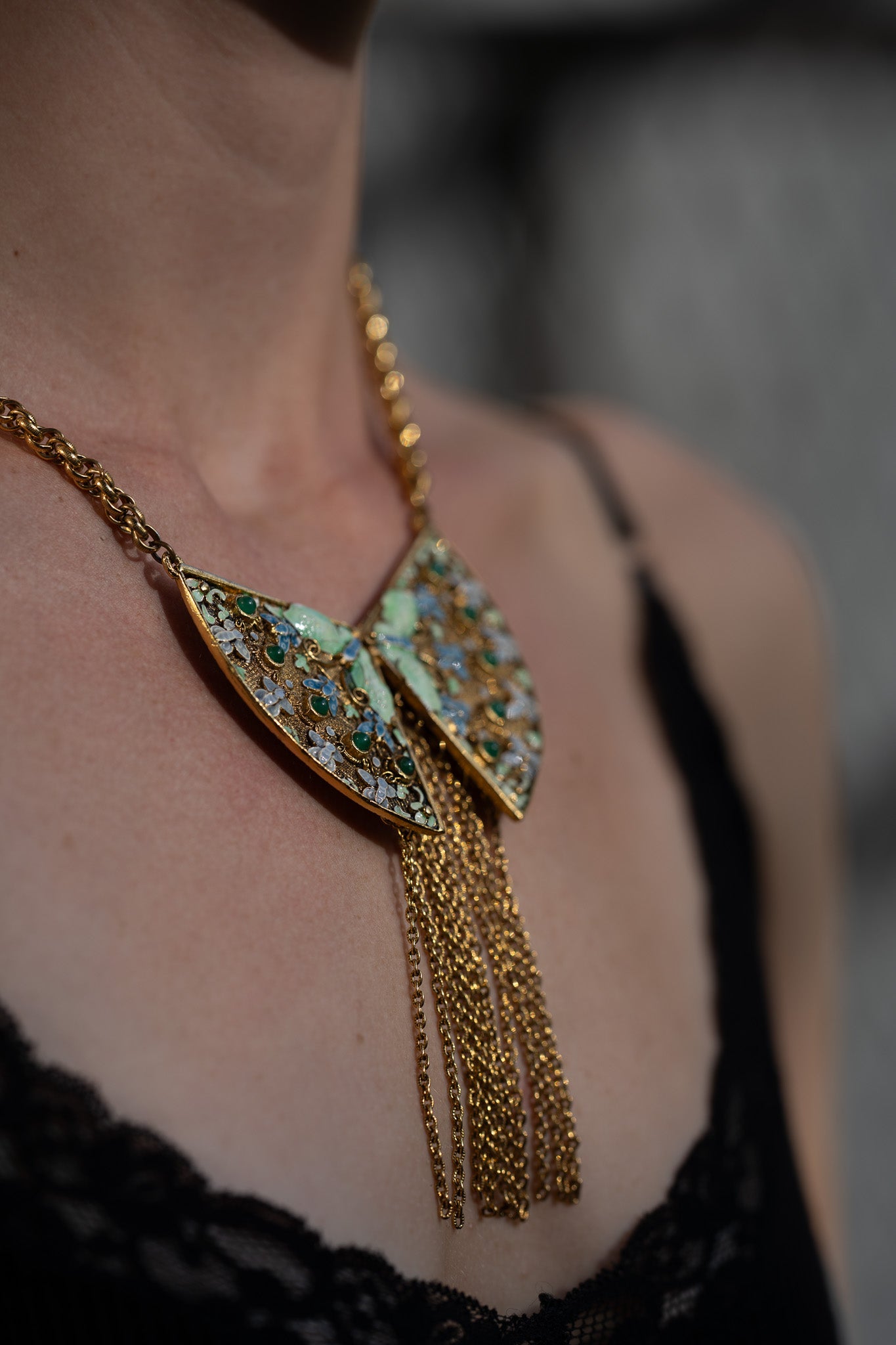 Vintage Butterfly Enamel Necklace w/ Fringe