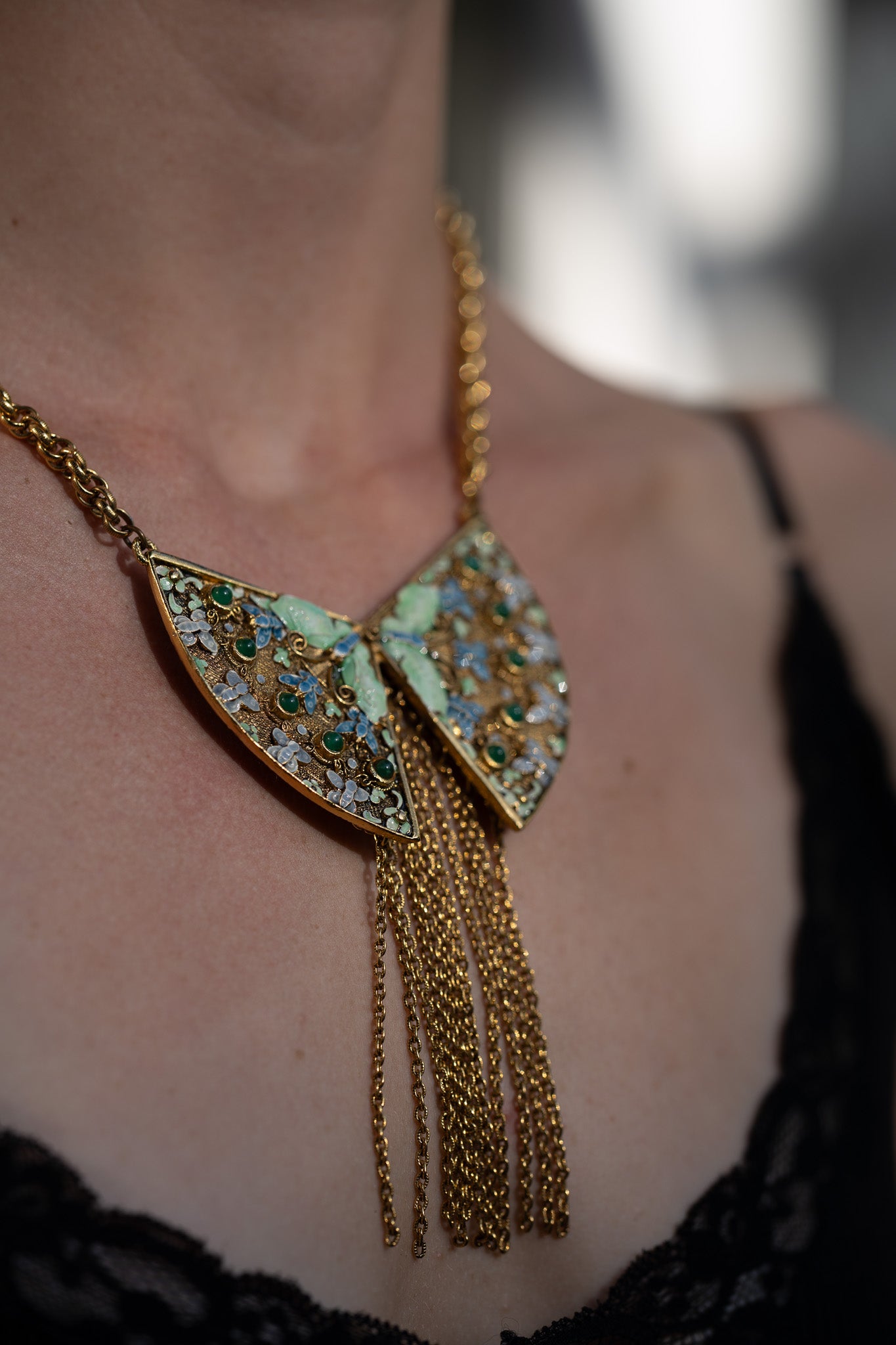 Vintage Butterfly Enamel Necklace w/ Fringe