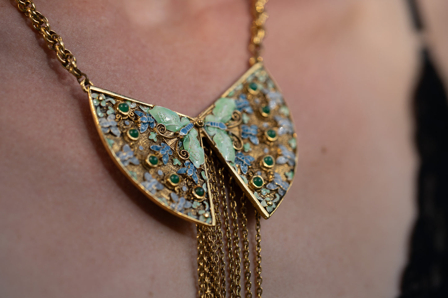 Vintage Butterfly Enamel Necklace w/ Fringe