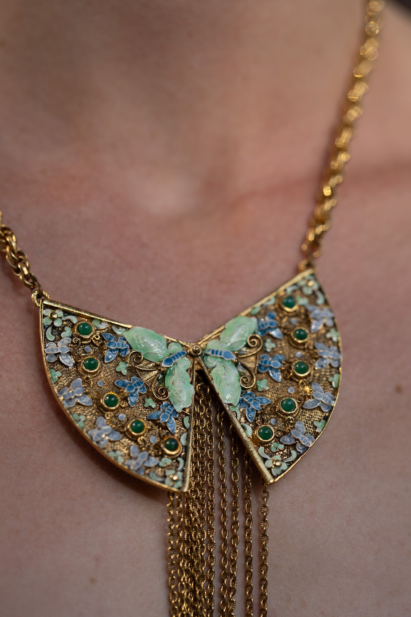 Vintage Butterfly Enamel Necklace w/ Fringe