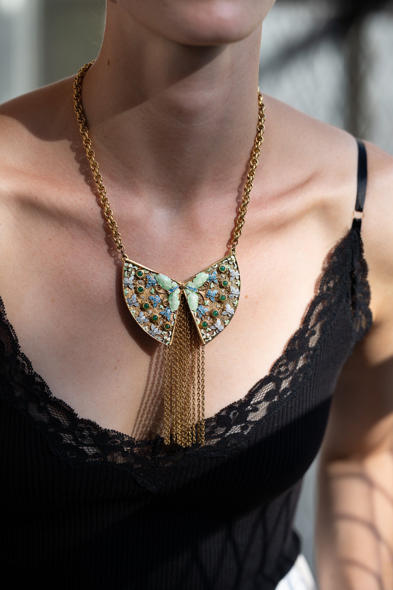 Vintage Butterfly Enamel Necklace w/ Fringe