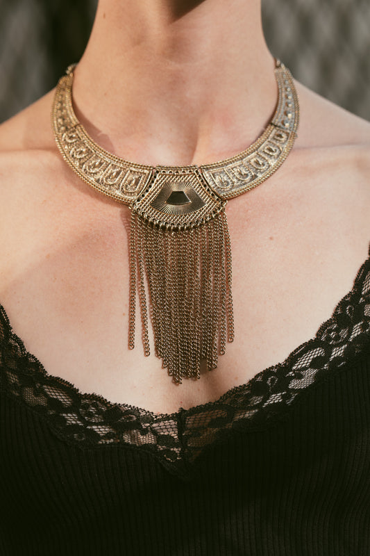 Vintage 70s Collar Plate Necklace w/ Fringe