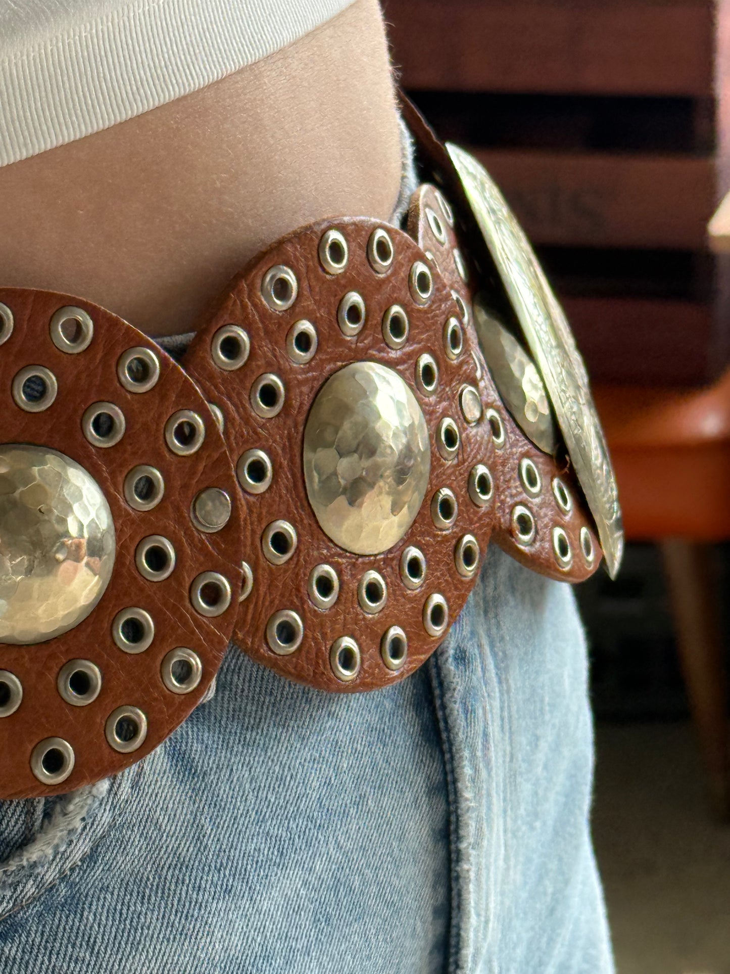 Vintage Western Leather + Metal Disc Belt